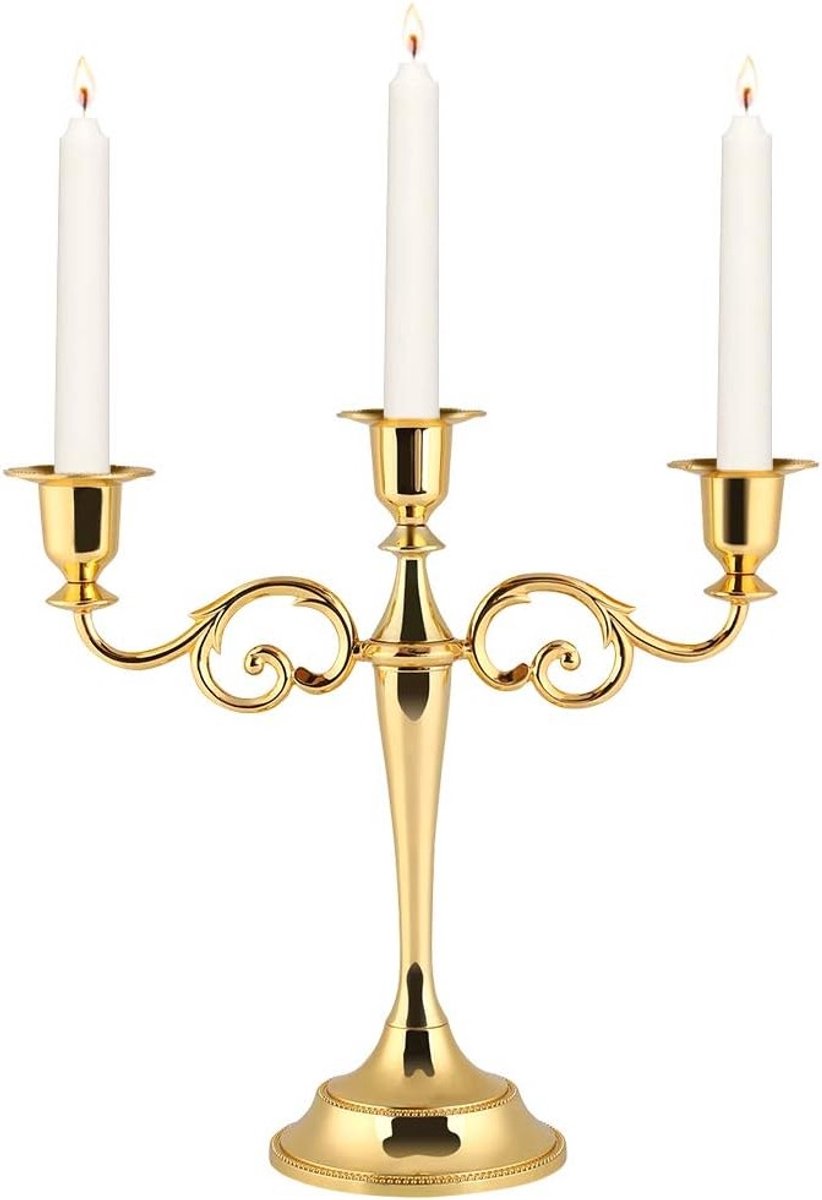 Elegante metalen kandelaar met 3 armen, vintage stijl voor diner, bruiloften en feestdecoratie - 10.5 x 25 cm (Goud)