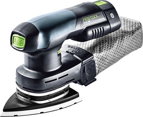 Festool DTSC 400 accuschuurmachine met groene aan-uitknop en opvangzak, zijaanzicht.