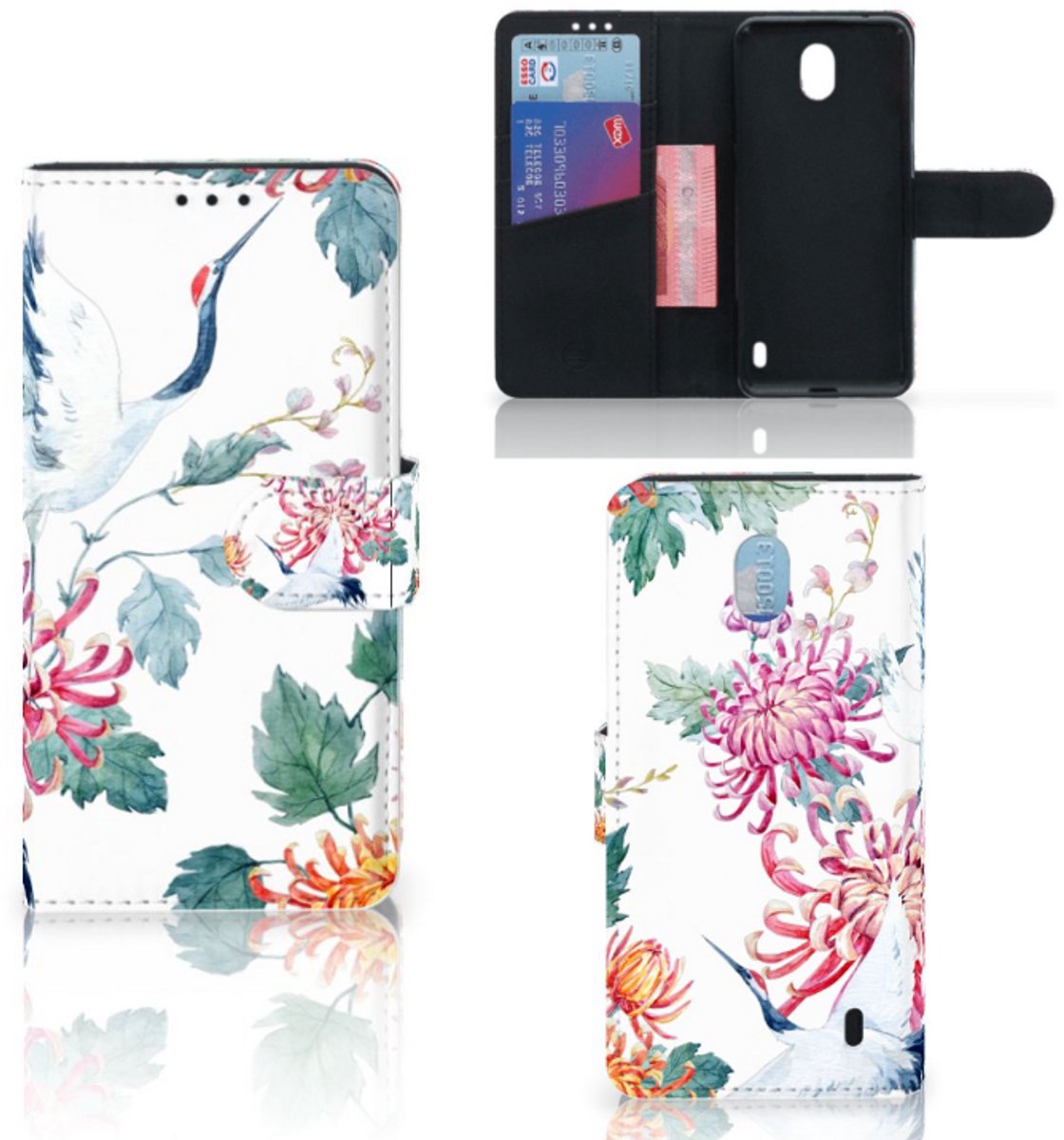 Nokia 1 Plus Telefoonhoesje met Pasjes Bird Flowers