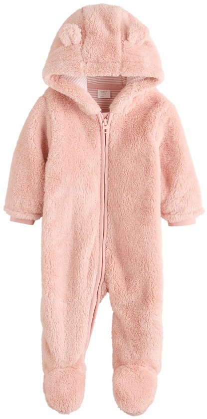 Roze fleece babypakje met voetjes, capuchon met oortjes en rits.