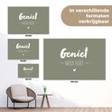 Een weergave van tuinposters in verschillende maten: 120x80, 90x60, 60x40 en 180x120 cm, met de tekst 'Geniet - Meer Niet -'.