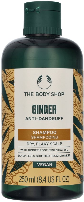 Bouteille de shampooing The Body Shop Ginger Anti-Dandruff, 250 ml, pour cuir chevelu sec et squameux.