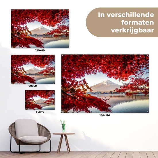 Décoration de jardin Mont Fuji vu à travers les feuilles rouges au Japon - 60x40 cm - Poster jardin - Toile jardin - Poster extérieur