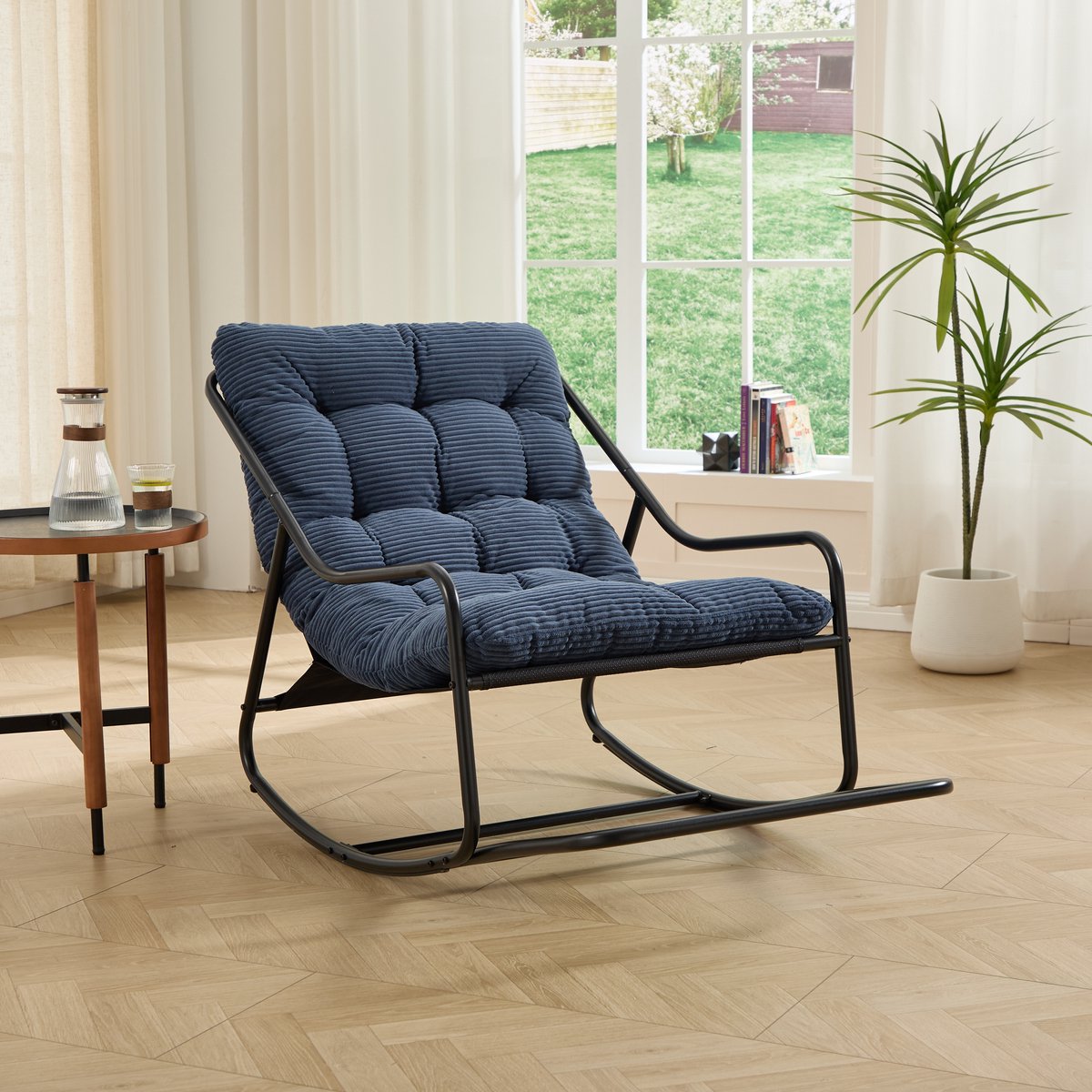 Buiten schommelstoel, comfortabel kussen, met zacht dik kussen, voor woonkamer, slaapkamer, leeskamer, Zwart frame met marineblauw kussen(Corduroy fabric)