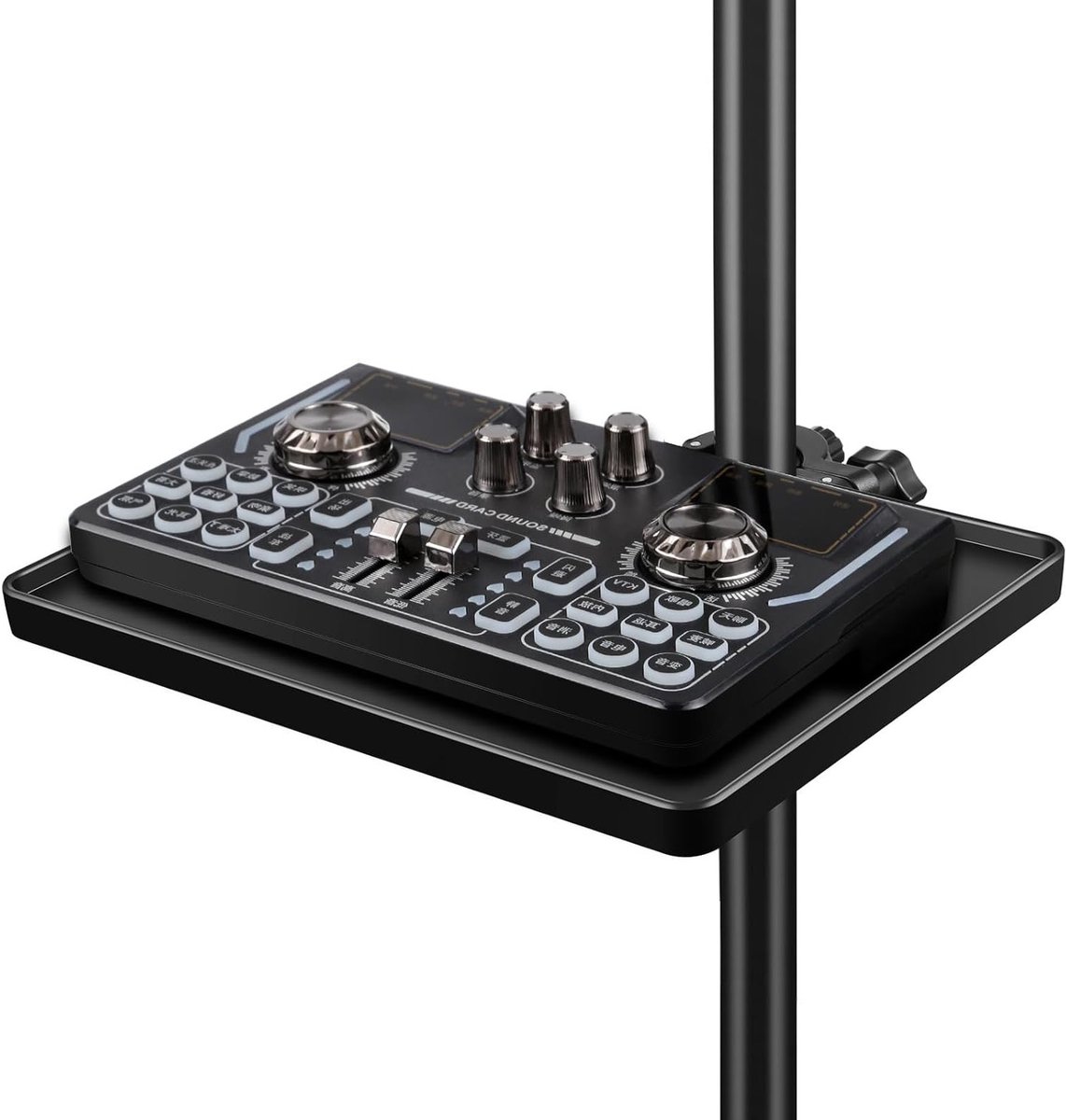 Microfoonstandaard met opberglade en geluidskaart, universele tray voor live-uitzendingen, karaoke en streaming