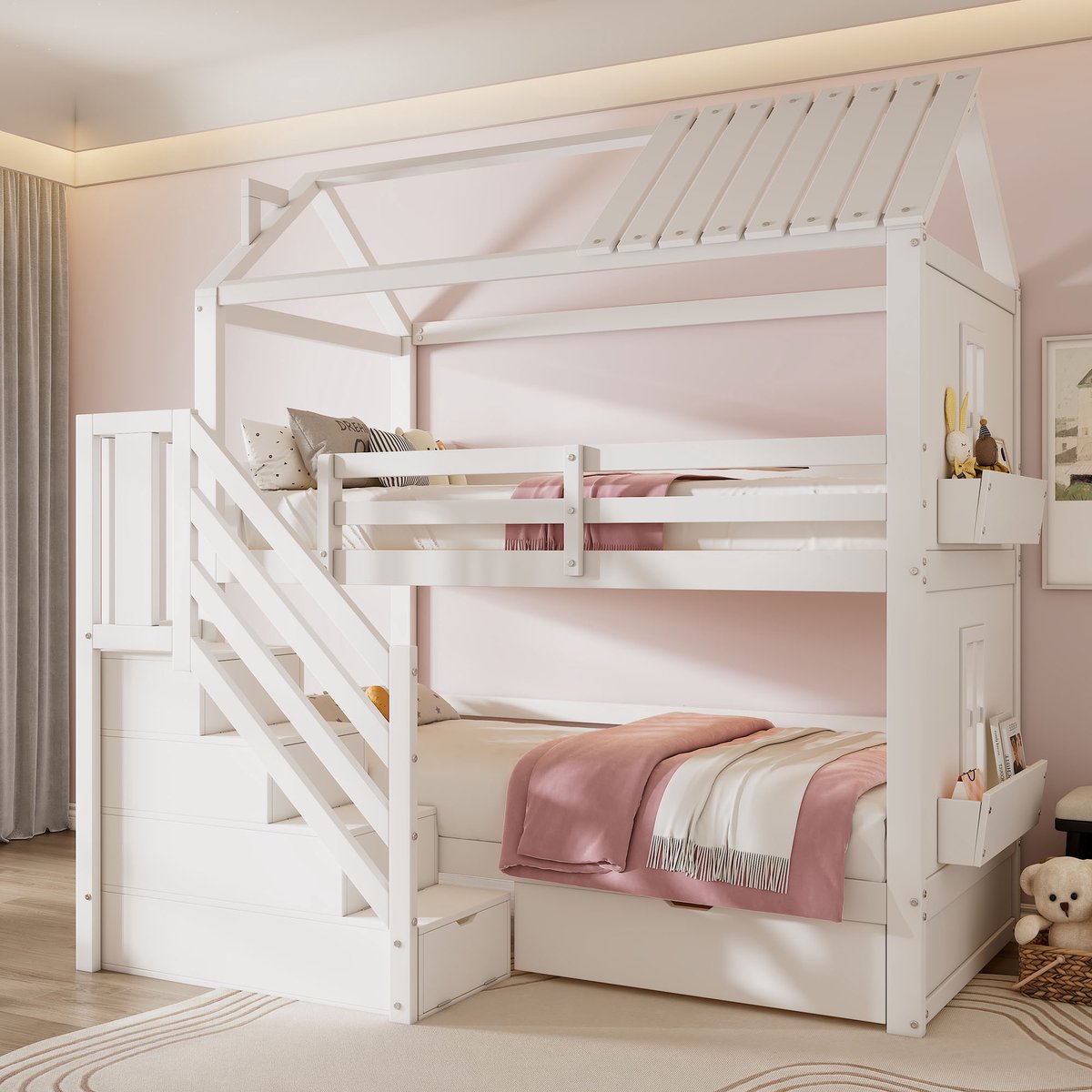 MODFU Kinderstapelbed – 90x200 cm – Opbergtrap & Laden – Dak- en Raamontwerp – Grenenhout – Wit
