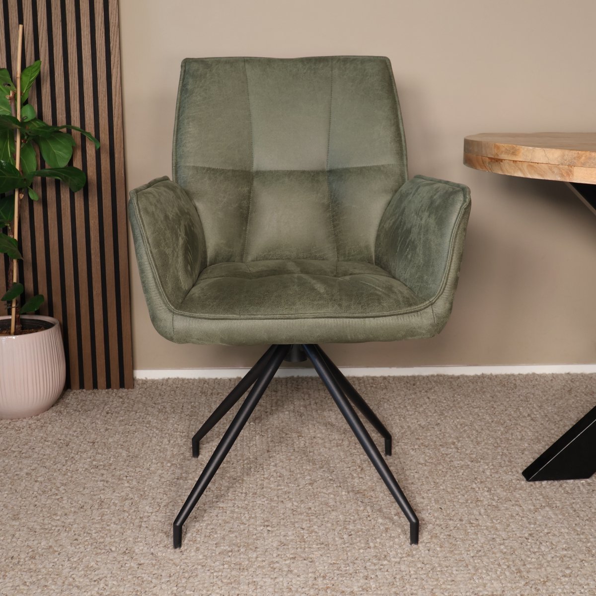 Lizzely Garden & Living SET DEAL: 4 stuks Eetkamerstoel met armleuning Bowie donkergroen microvezel eetstoel industrieel zetel