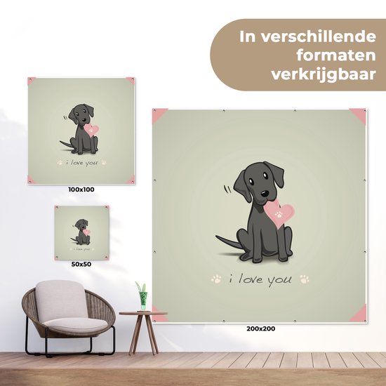 Tuinposter 200x200 cm - Tuindecoratie Een illustratie van een zwarte puppy met een hart - Poster voor in de tuin - Buiten decoratie - Schutting tuinschilderij - Tuindoek muurdecoratie - Wanddecoratie balkondoek