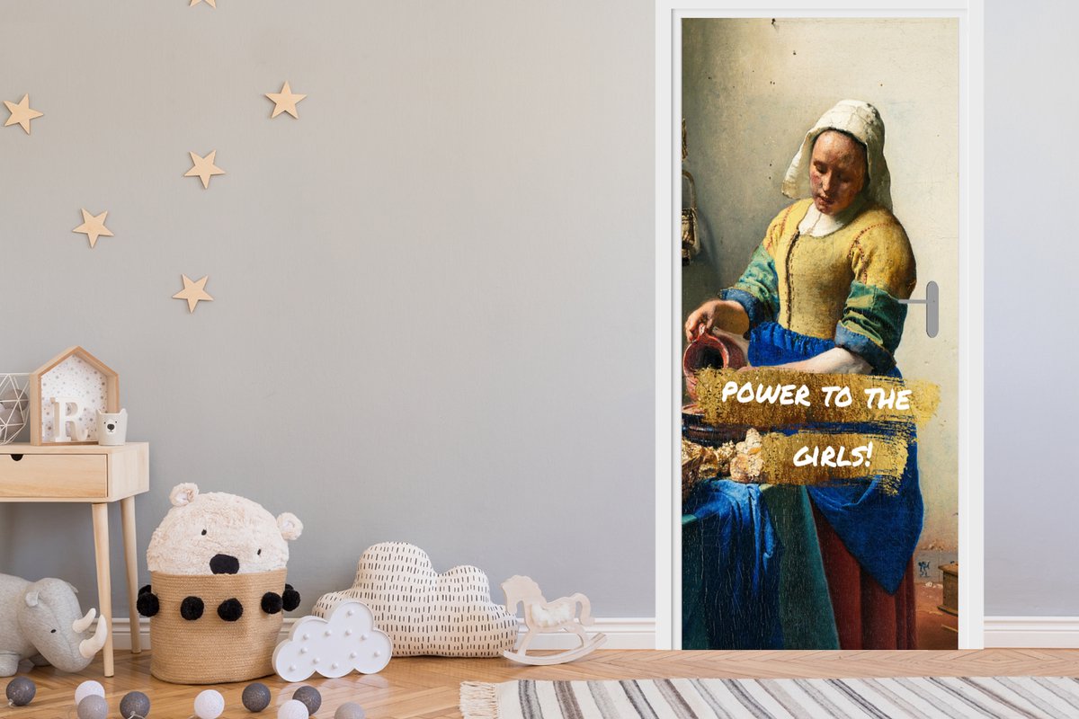 Deurposter 90x205 cm - Deursticker Melkmeisje - Goud - Quotes - Schilderij - Oude meesters