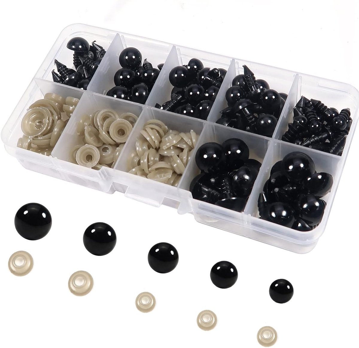 Veilige Ogen voor Haakdieren - 100 Stuks Plastic Zwarte Knopenogen met Wasjes 6 mm tot 12 mm voor Poppen, Pluche Dieren en Creatieve Knutselprojecten