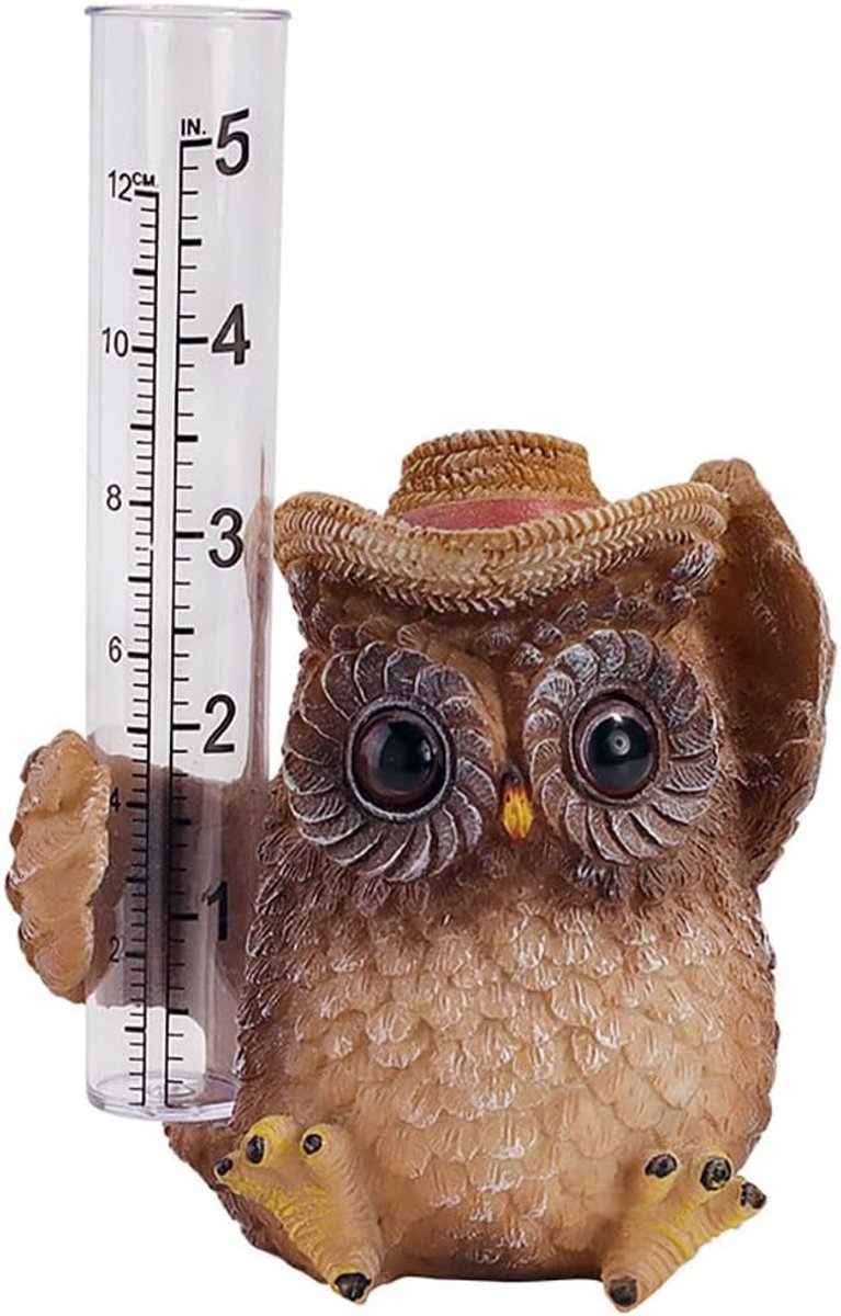 Regenmeter met Uil 4,25 Inch - Handgeschilderd Tuinbeeld voor Neerslagmeting