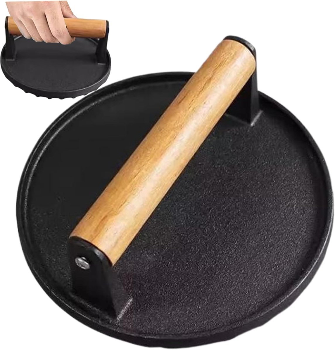Burger Pers - Steak Gewicht - Gegrilde Sandwiches Maken - Robuust Gietijzer Ontwerp - 18 cm - Zwart