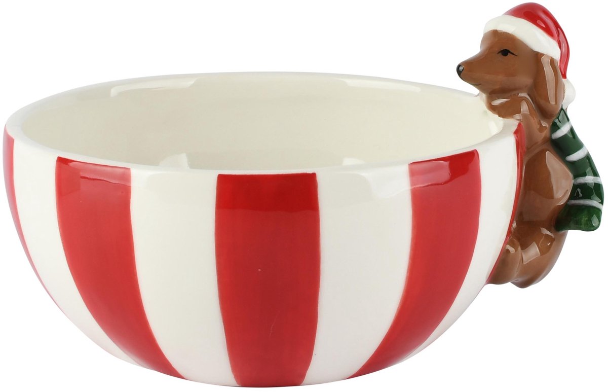 Dekoratief | Bowl m/kersthond, rood/wit/bruin, keramiek, 18x16x10cm | A265367