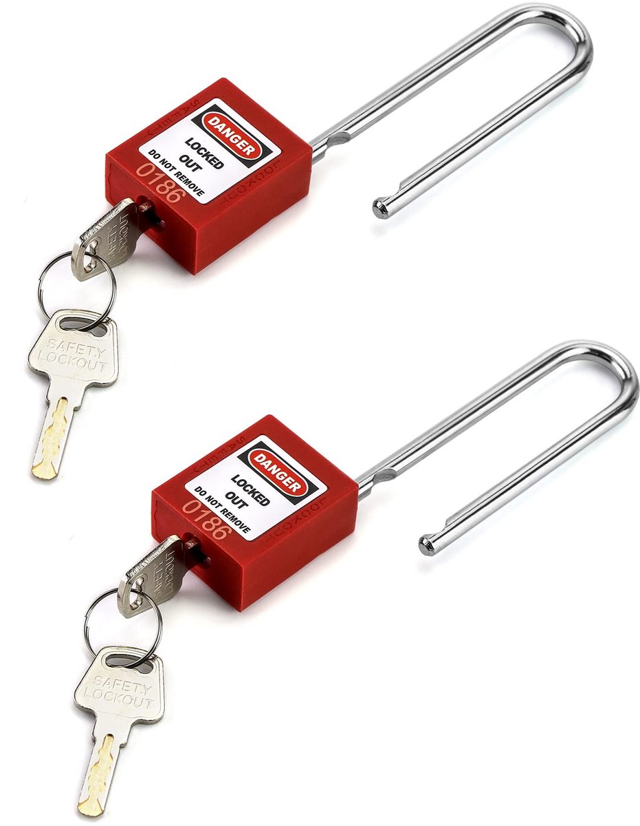 MTTproducts- Hangslot Duurzaam - 2 Stuks - Verlengd Stalen Slothandvat 76mm - Niet-geleidend Thermoplast - Beveiliging - Identificeerbaar Label - Veiligheidsslot