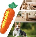 Oranje wortelspeeltje met gele, golvende kern, en collage van honden en katten.