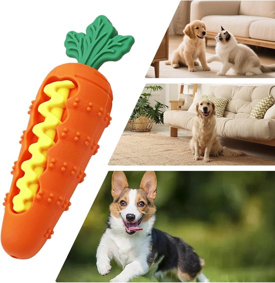 Oranje wortelspeeltje met gele, golvende kern, en collage van honden en katten.