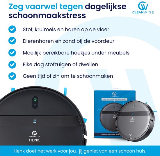 CleanWise Henk Robotstofzuiger – Nederlands Product – Voor Huisdieren – Met Dweilfunctie & Laadstation – Dweilrobot – 4500 Pa – HEPA 14 – Ultra dun 7,4 cm – App & Spraakbediening – Voor Huisdierharen, Harde Vloeren & Tapijt