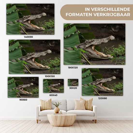 Canvas schilderij 180x120 cm - Wanddecoratie Krokodil met geopende bek - Muurdecoratie woonkamer - Slaapkamer decoratie - Kamer accessoires - Schilderijen op canvas