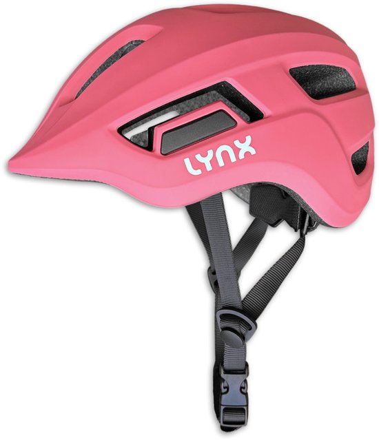 Roze Lynx fietshelm voor kinderen, met verstelbare bandjes en ventilatieopeningen.