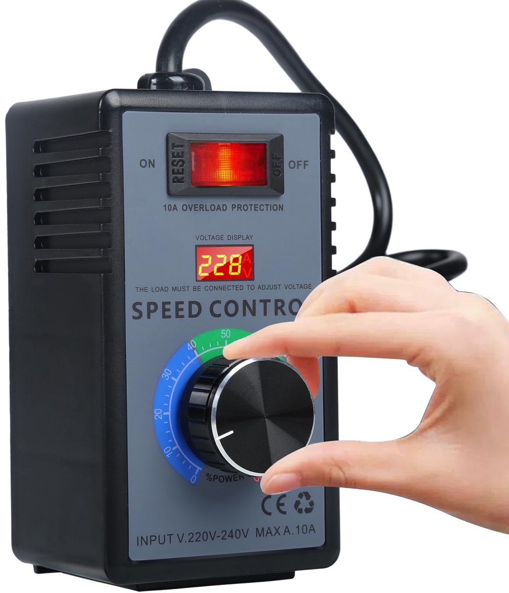 carmdering - Spanningsregelaar - Fan Regelaar - Dimmer - 4000W piek, AC 220V, 0-220V regelbaar - Overbelastingsbeveiliging - Voor ventilatoren, motoren, verwarming en gloeilampen - Met universeel stopcontact - Europees stopcontact