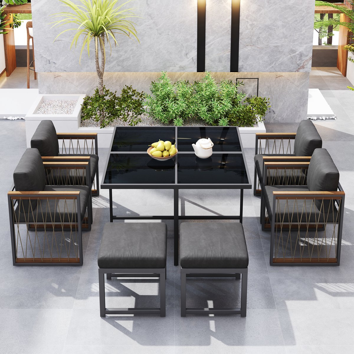 Wishdor 7-Delige Tuinset Met Tafel, 4 Fauteuils En 2 Voetbanken - Voor Terras Of Tuin - Metaal, Gehard Glas, Polyester - Zwart En Naturel - 117 X 117 Cm