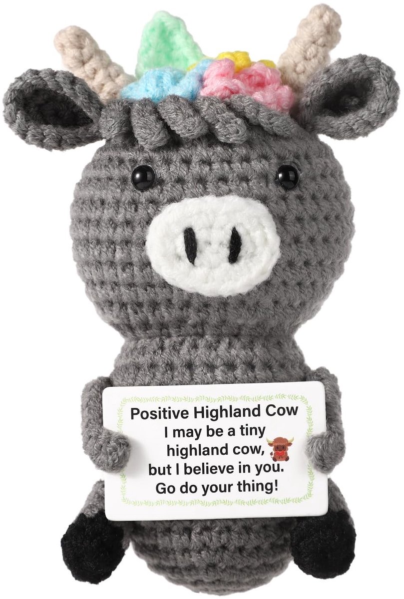 Dailygoods - Dailygoody - Positieve Hooglander Koe - Steun Koe Haak - Donkergrijs - Gebreide Hooglander Koe - Aanmoedigingscadeaus - Geschikt voor 36 maanden en ouder