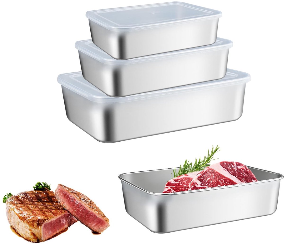 Dailygoods - Cosensi - Dailygoods - Cosensi - Dailygoody - Opslagcontainers - Rvs voedselcontainers - 3-delige set - 1000ml 1800ml 3000ml - Luchtdicht - Geschikt voor koelkast - Zilver