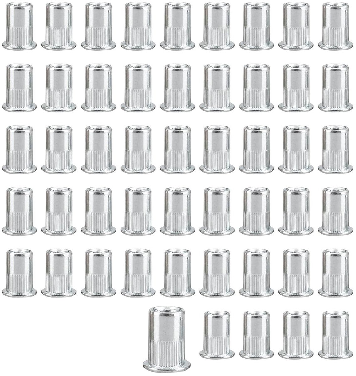 Rivetmoeren M6 van RVS, vlakke kop, schroefdraadmoeren voor metaalplaten, buizen en kunststof, set van 50 stuks voor stevige bevestiging en montage