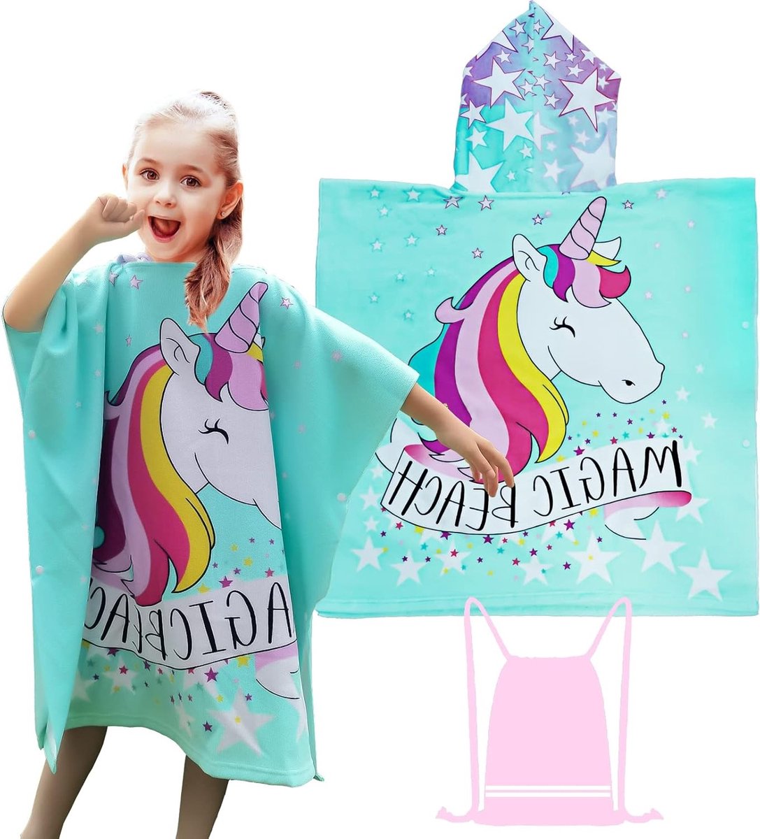Hooded Poncho Badhanddoek voor Kinderen met Eenhoorn Motief - Zacht, Absorberend en Ideaal voor Strand en Zwembad, 75x150cm, Geschikt voor Meisjes van 6-14 Jaar