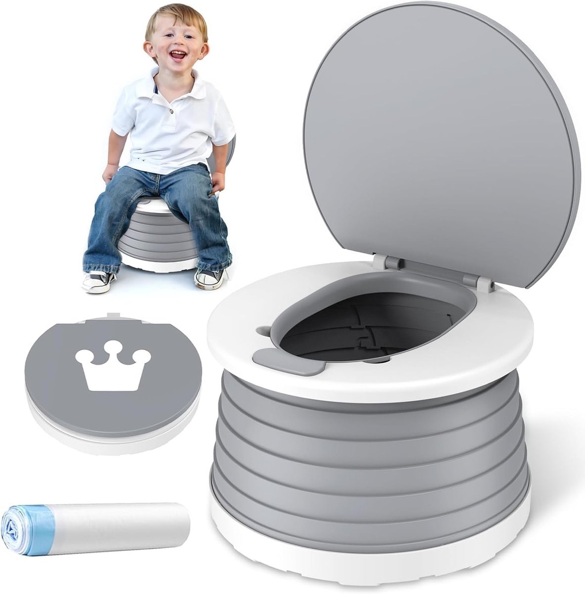 Vouwbare Reis Potty voor Baby's vanaf 1 Jaar, Ideaal voor Zindelijkheidstraining, Inclusief 15 Potzakken voor Jongens en Meisjes (Grijs)