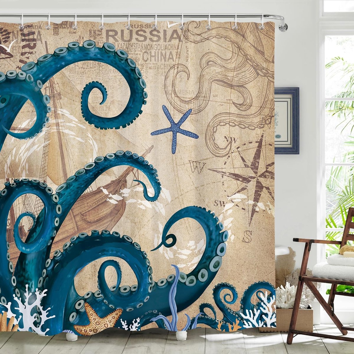 Seb2 - Dazzlewall Nautical Octopus Douchegordijn - Waterdicht en Schimmelbestendig - Teal - Nautisch Design - Voor Badkamer - 180x180cm