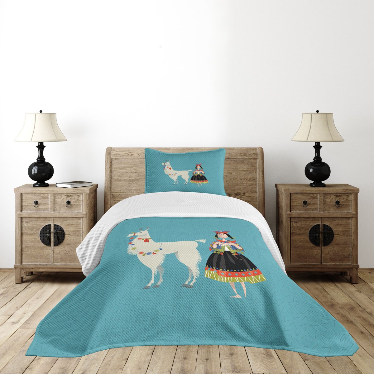 ABAKUHAUS Lama Bedsprei Set, Peruaanse Breivrouw, Gevlekt 2-delig dekbed met 1 kussensloop, voor eenpersoonsbedden 170 x 220 cm, Wit Turquoise