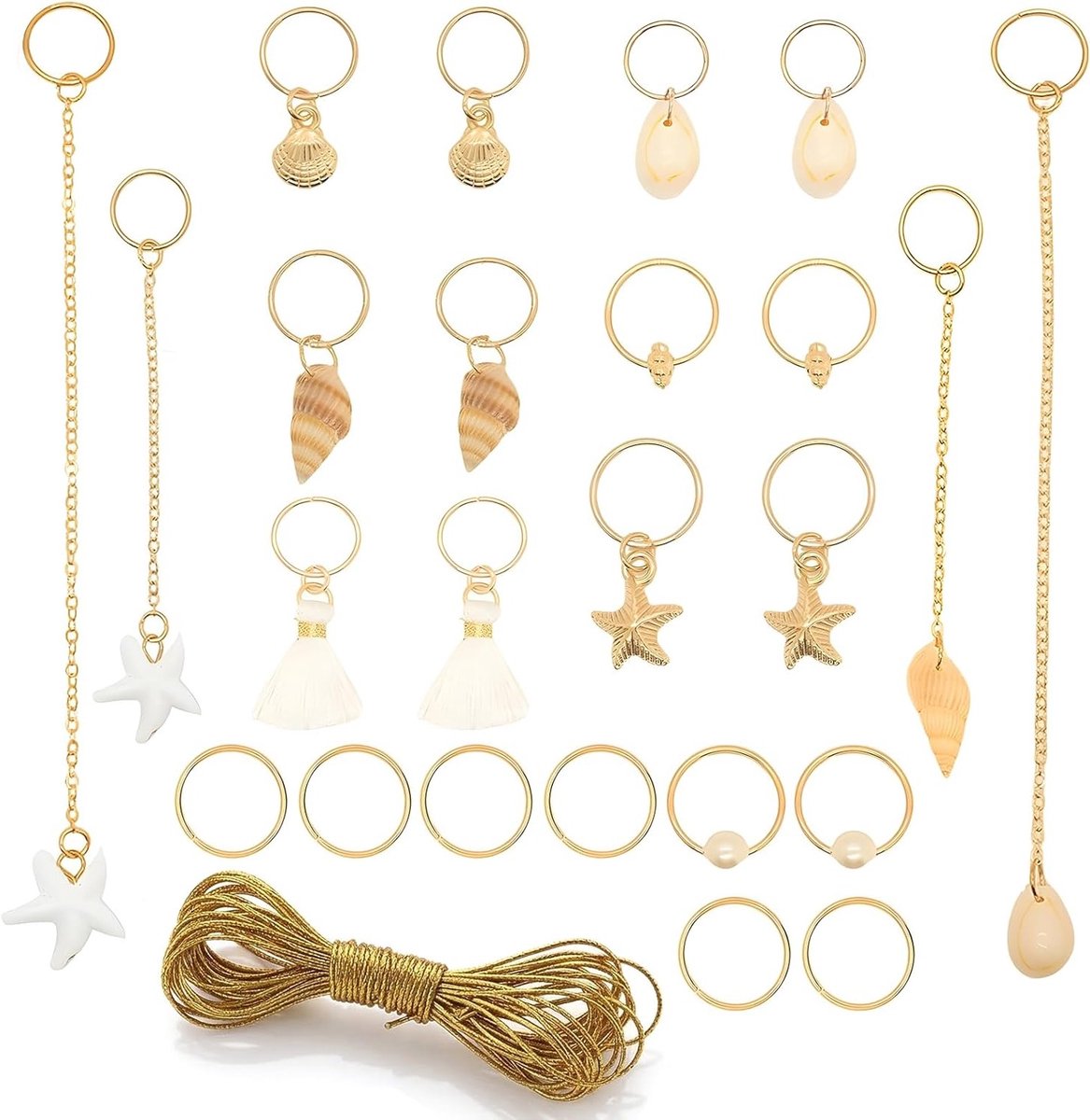Gouden haaraccessoires set van 24 stuks met schelpenontwerp, inclusief 5 m haarband, perfect voor mermaid en piraten thema, ideaal voor zomerfeesten en strandlook