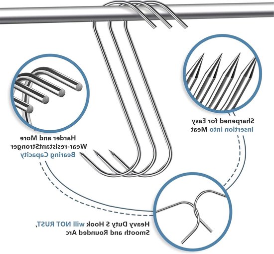 Meat Hooks, 30 Pieces Stainless Steel 304 S Hooks, Premium Butcher Hook, Meat Hooks for Hanging, S-Shaped Wall Hooks - ShopVlot — afbeelding 2
