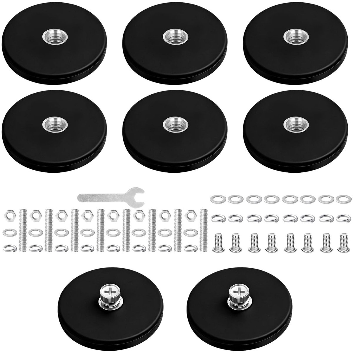 Set van 8 sterke neodymium magneten met rubber coating, 43 mm, M5 schroefdraad, 15 kg hechtkracht voor voertuigen, lampen en gereedschap bevestigen