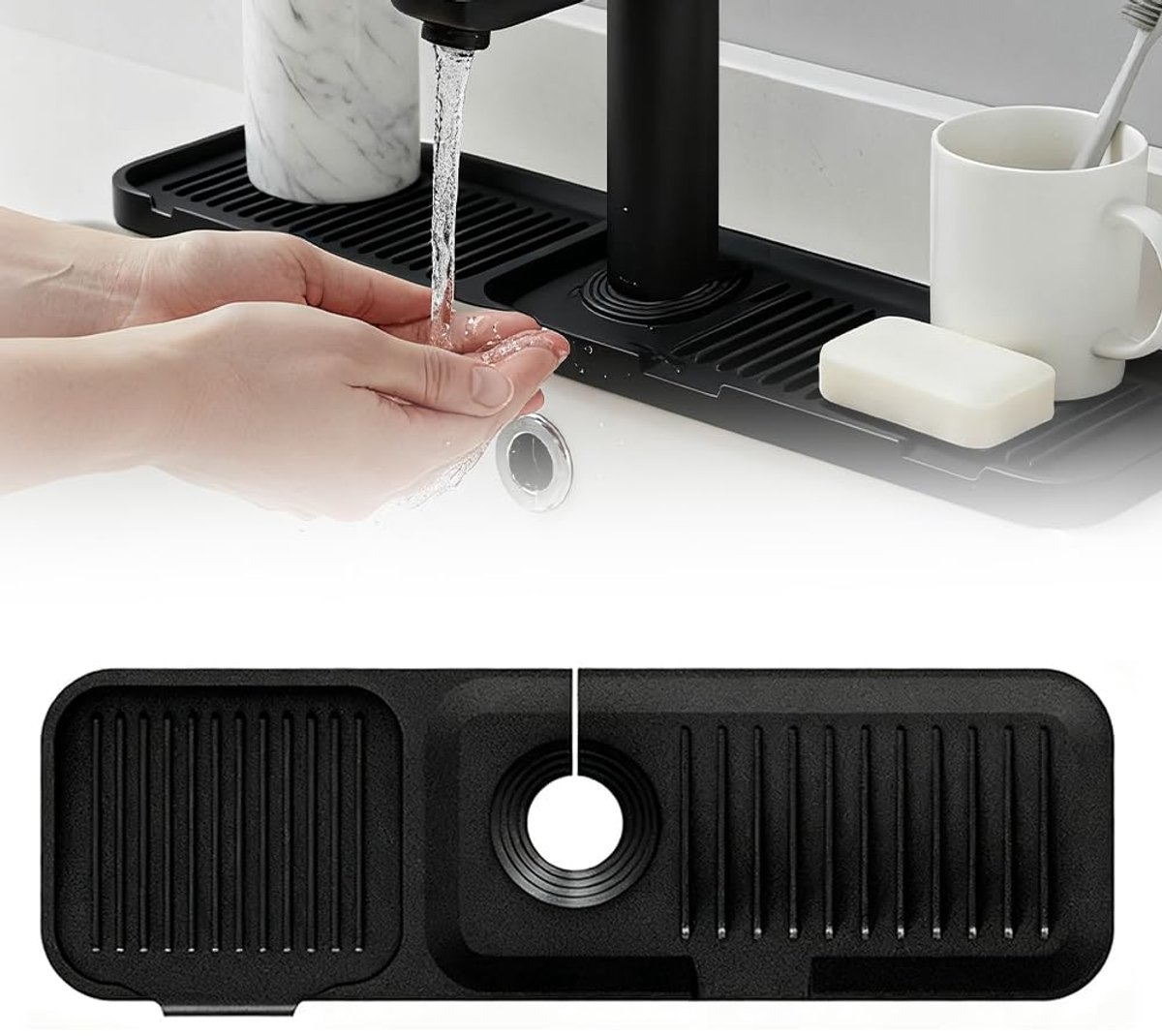 carmdering - Kraanmat - Afdruipmat - Gootsteenmat - 45×14 cm, siliconen, met borstel, afvoergaatjes - Voorkomt spatten, houdt aanrecht droog - Hittebestendig, antislip, duurzaam - Perfect voor keuken, badkamer en wasruimte - Zwart