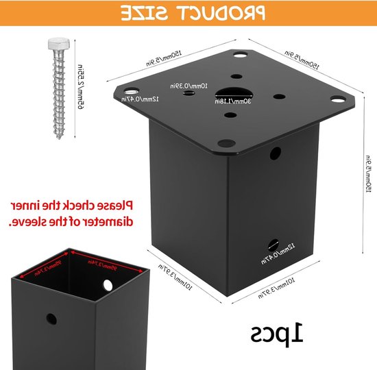 Poststeunen voor vierkante houten palen 100 x 100 mm, schroefhulzen en bevestigingsplaten voor stevige omheiningen en constructies — afbeelding 5