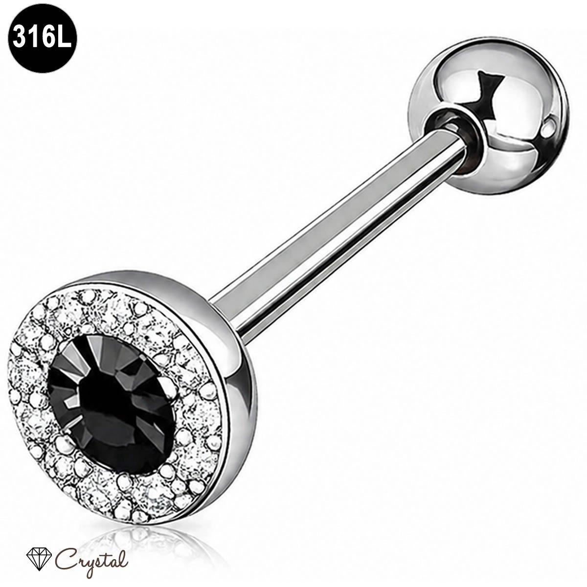Tongpiercing - 316L Chirurgisch Staal - met Crystal Zwart en Clear Steentjes