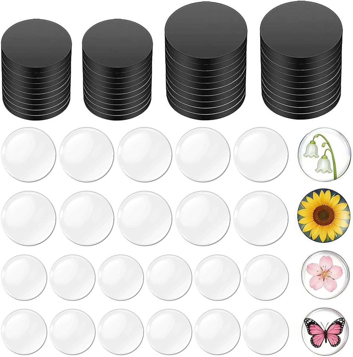 Set van 100 ronde cabochons en magneten met stickers, 25 mm en 30 mm, transparante glazen domeinen voor knutselen, decoratie en kantooraccessoires