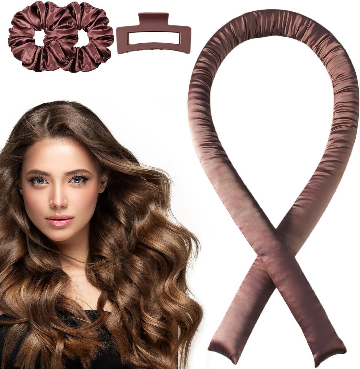 Heatless Curler voor Lang Haar - Haar Curler Zonder Warmte voor de Nacht - Droomgolven Krullend Lint voor Slapen - Bruin Rood