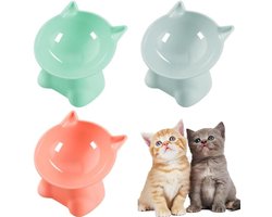 Verhoogde kattenvoederbak met 15° helling, antislip ontwerp, set van 3 in roze, grijs en groen - ideaal voor kattenvoer en water.