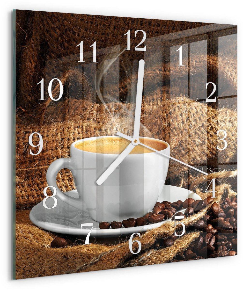 TULUP Wandklok - Koffiebonen Wandklok Glas Met Motief - 30x30 cm - Bruin Decoratieve Glazen Klok - Witte Handen - Vierkante Wandklok - Gekleurde Glazen Klok - Glazen Klok Met Print Bruin - Koffiebonen
