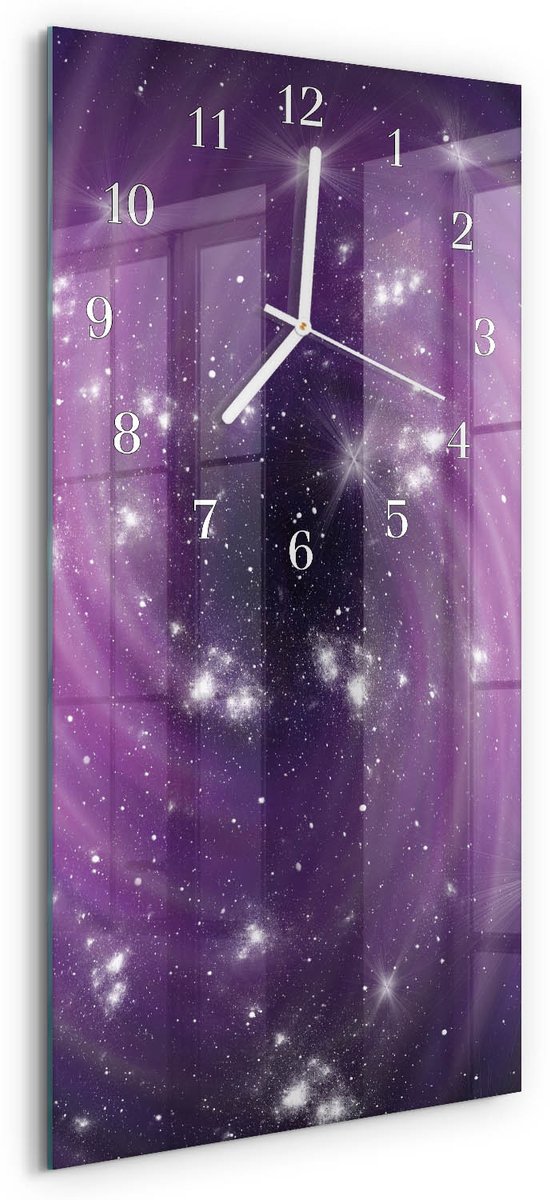 TULUP Wandklok - Abstractie Moderne Glazen Wandklok - 30x60 cm - Paars Wandklok Glas Met Motief - Witte Handen - Rechthoekige Wandklok - Wandklok Glas Decoratie - Gekleurde Glazen Klok Paars - Abstractie