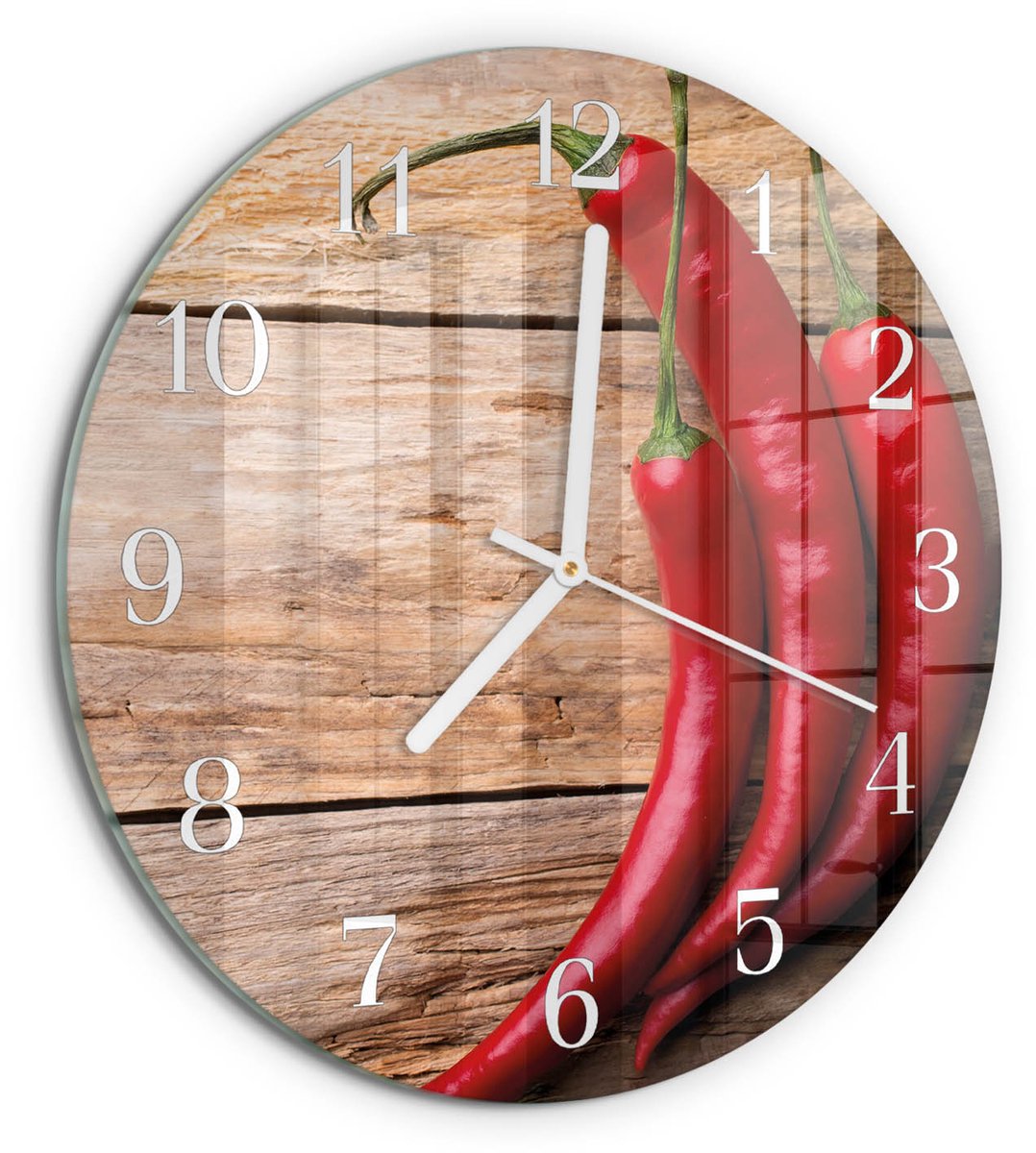 TULUP Wandklok - Chilipepers Wandklok Glas Decoratie - 30fi cm - Rood Gekleurde Glazen Klok - Witte Handen - Ronde Wandklok - Klok Glas Met Opdruk - Moderne Wandklok Glas Rood - Chilipepers