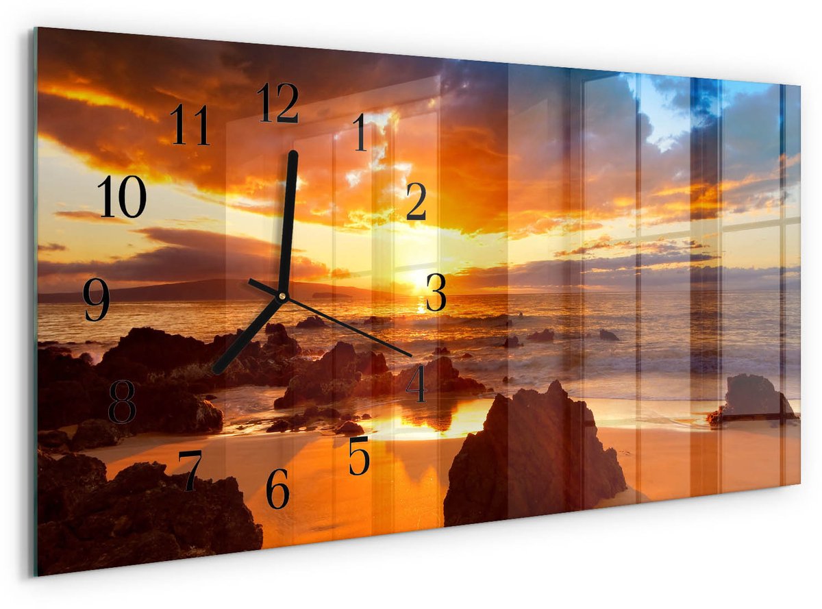 TULUP Wandklok - Zonsondergang Klok Glas Met Opdruk - 60x30 cm - Oranje Moderne Wandklok Glas - Zwarte Handen - Rechthoekige Wandklok - Klok Glas Met Opdruk - Moderne Wandklok Glas Oranje - Zonsondergang