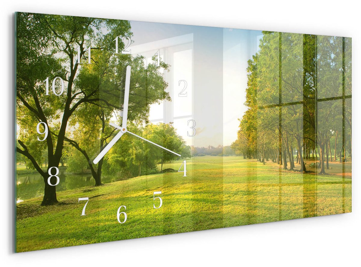 TULUP Wandklok - Het groen van de natuur Wandklok Glas Met Motief - 60x30 cm - Groente Decoratieve Glazen Klok - Witte Handen - Rechthoekige Wandklok - Moderne Wandklok Glas - Wandklok Glas Decoratie Groente - Het groen van de natuur