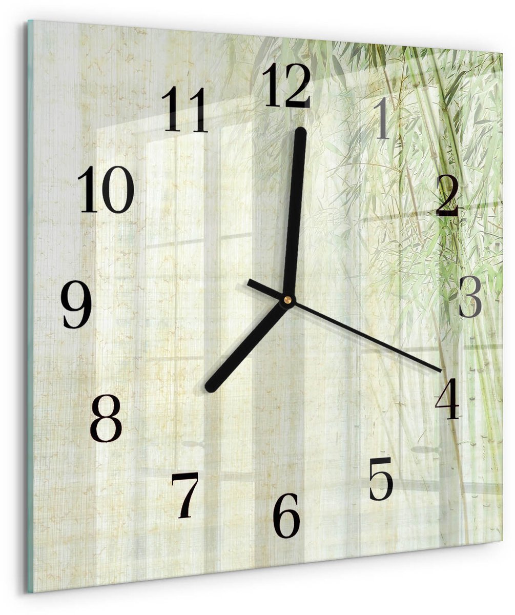 TULUP Wandklok - Bamboeplant Wandklok Glas Decoratie - 30x30 cm - Groente Gekleurde Glazen Klok - Zwarte Handen - Vierkante Wandklok - Gekleurde Glazen Klok - Glazen Klok Met Print Groente - Bamboeplant