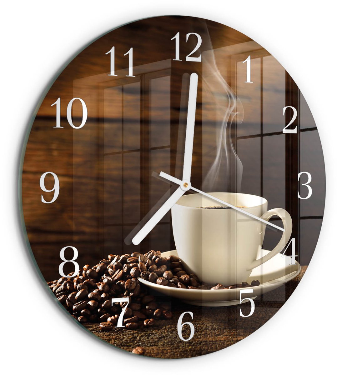 TULUP Wandklok - Koffie Moderne Wandklok Glas - 30fi cm - Bruin Wandklok Glas Decoratie - Witte Handen - Ronde Wandklok - Klok Glas Met Opdruk - Moderne Wandklok Glas Bruin - Koffie
