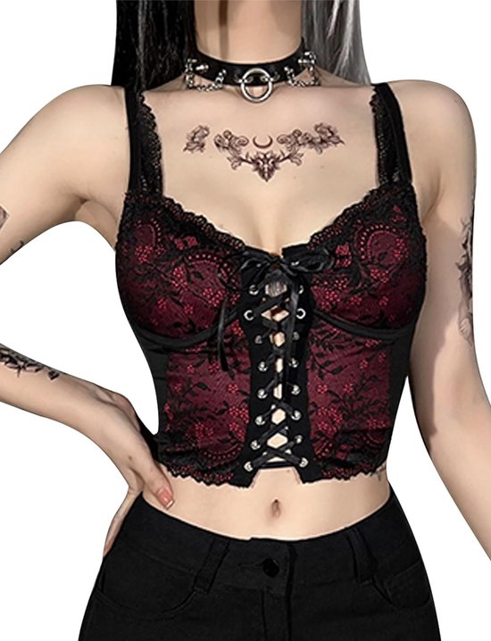 Rood kanten bustier crop top met zwarte bandjes en V-hals met satijnen strik. Zwarte kanten rand.