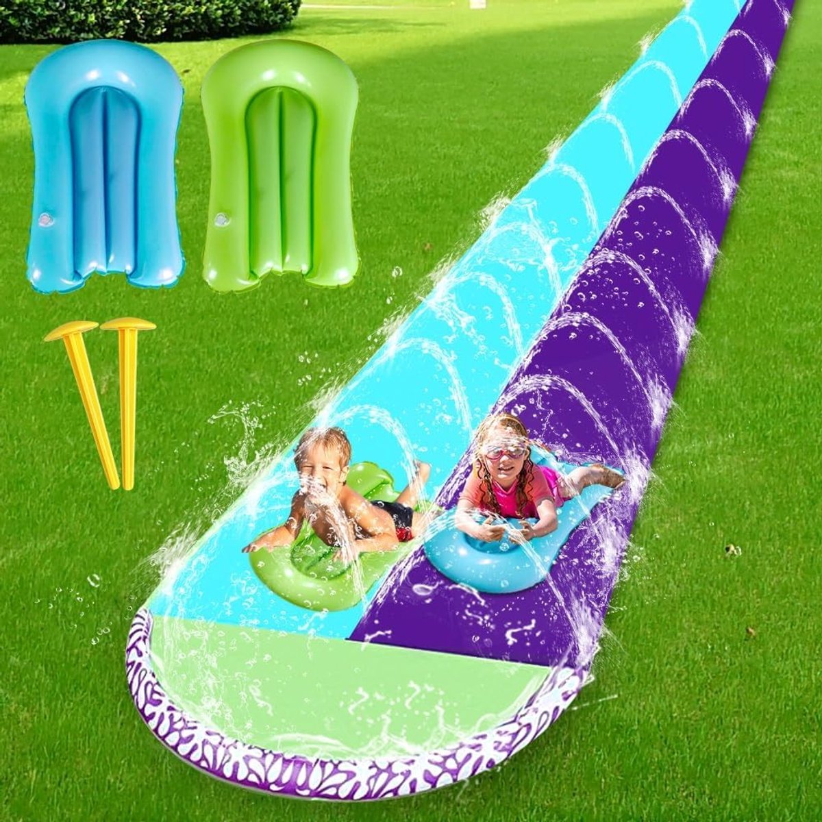 Opblaasbare waterglijbaan voor kinderen en volwassenen, 6,1 x 1,4 m, met dubbele glijbaan, 2 bodyboards en ingebouwde sprinkler voor ultiem waterspeelplezier